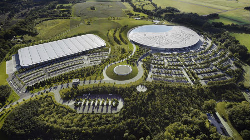 Aerial view of the McLaren Production Centre (left) and McLaren Technology Centre