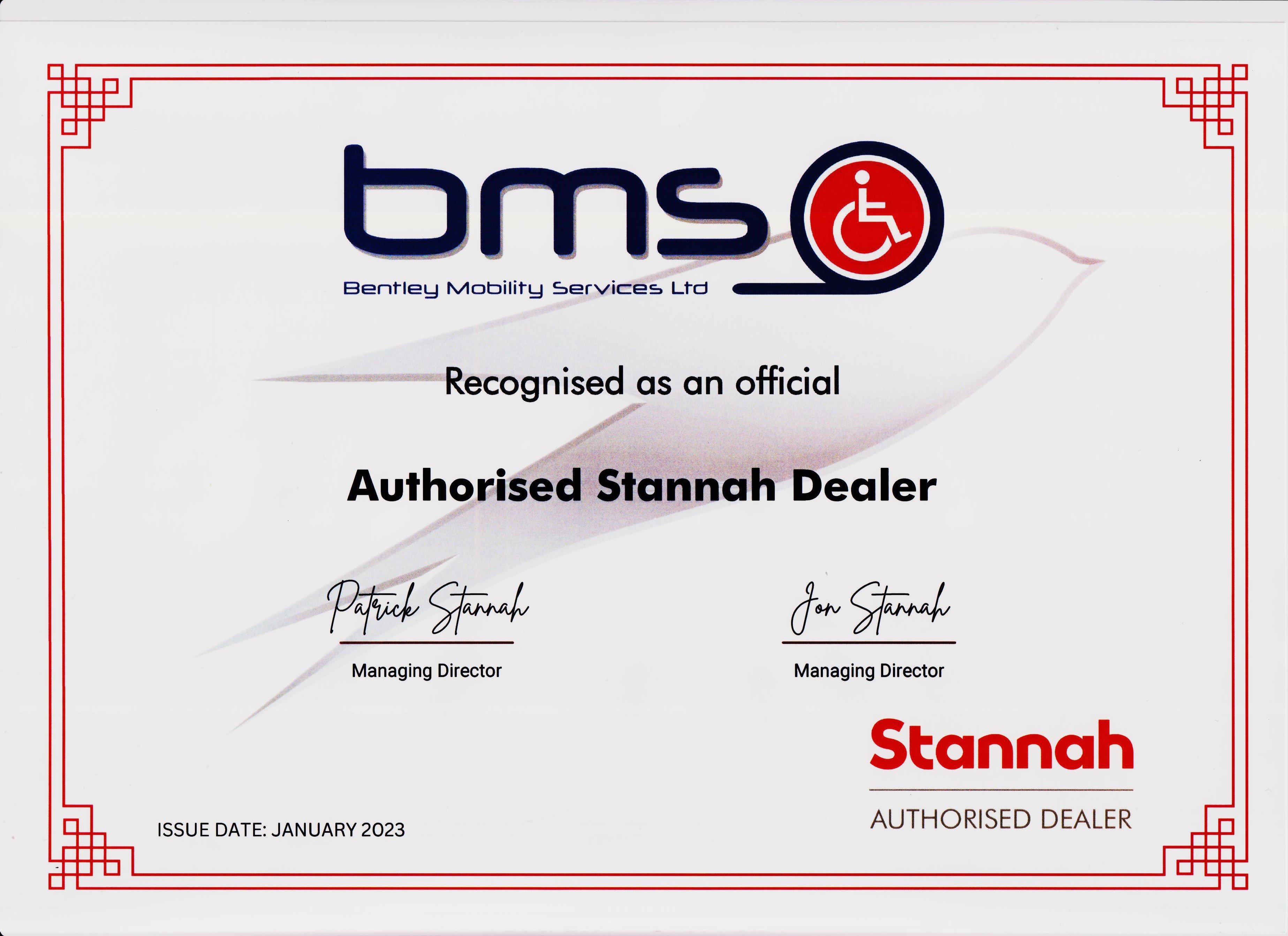 Stannah Dealer 2023 Certificatr